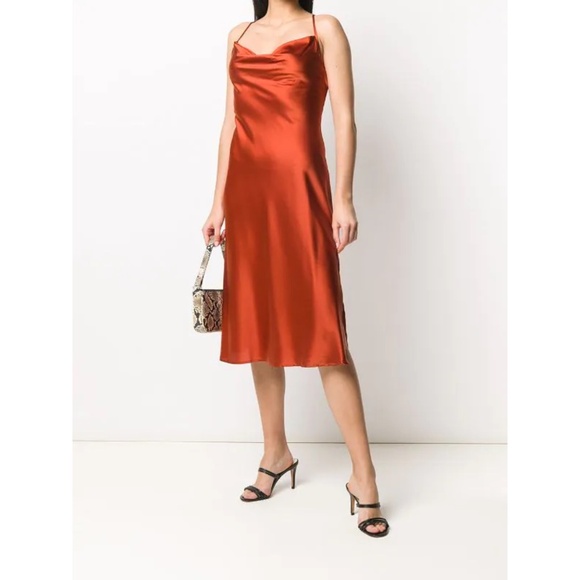 Andamane Delphina Rust Red Orange Silk Satin Slip Midi Dress Side Slit  M NWT - Picture 16 of 16